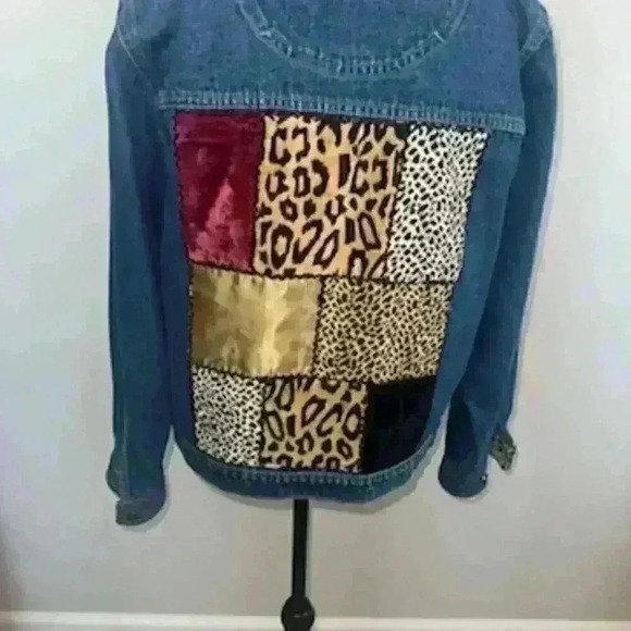 Shaver Lake Denim Jacket Leopard Cheetah Velvet Boho Patchwork - Picture 5 of 8